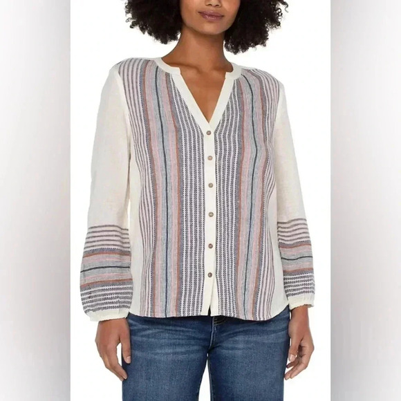 Liverpool Button Front Shirred Blouse Boho Cottage-core Size Medium - Picture 1 of 7